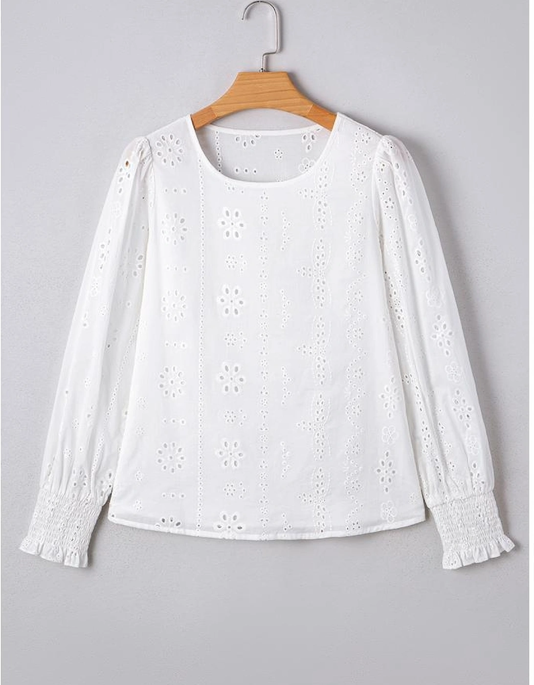 White Eyelet Embroidered Smocked Cuff Sheer Blouse