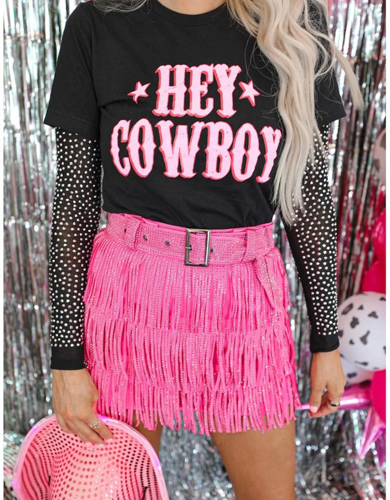 Black HEY COWBOY Graphic Crew Neck T-shirt
