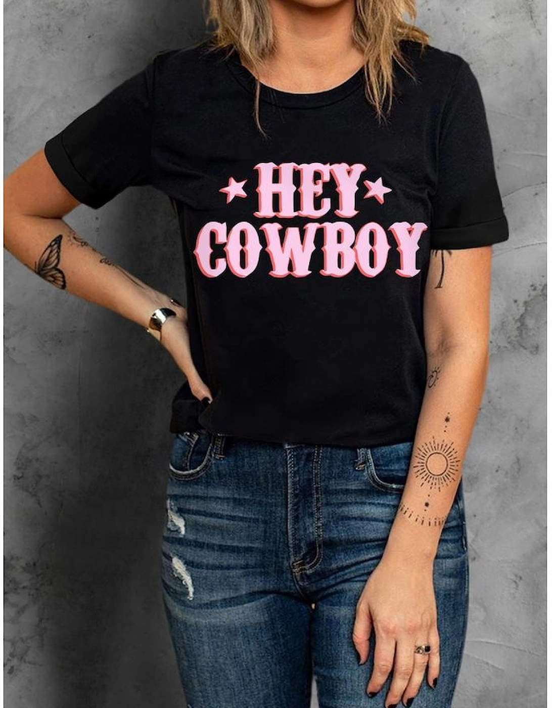 Black HEY COWBOY Graphic Crew Neck T-shirt