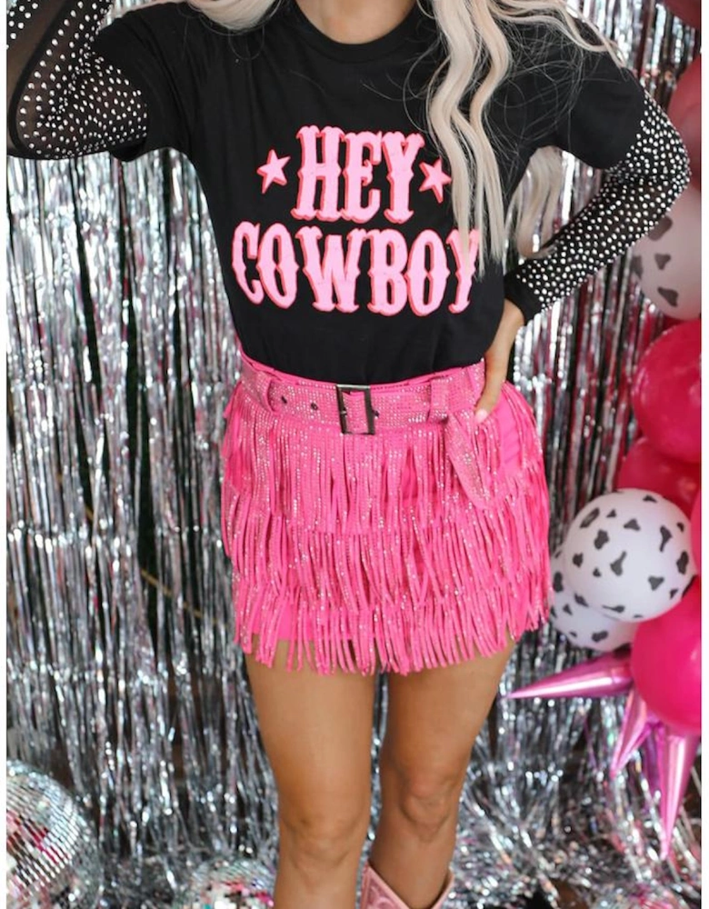 Black HEY COWBOY Graphic Crew Neck T-shirt