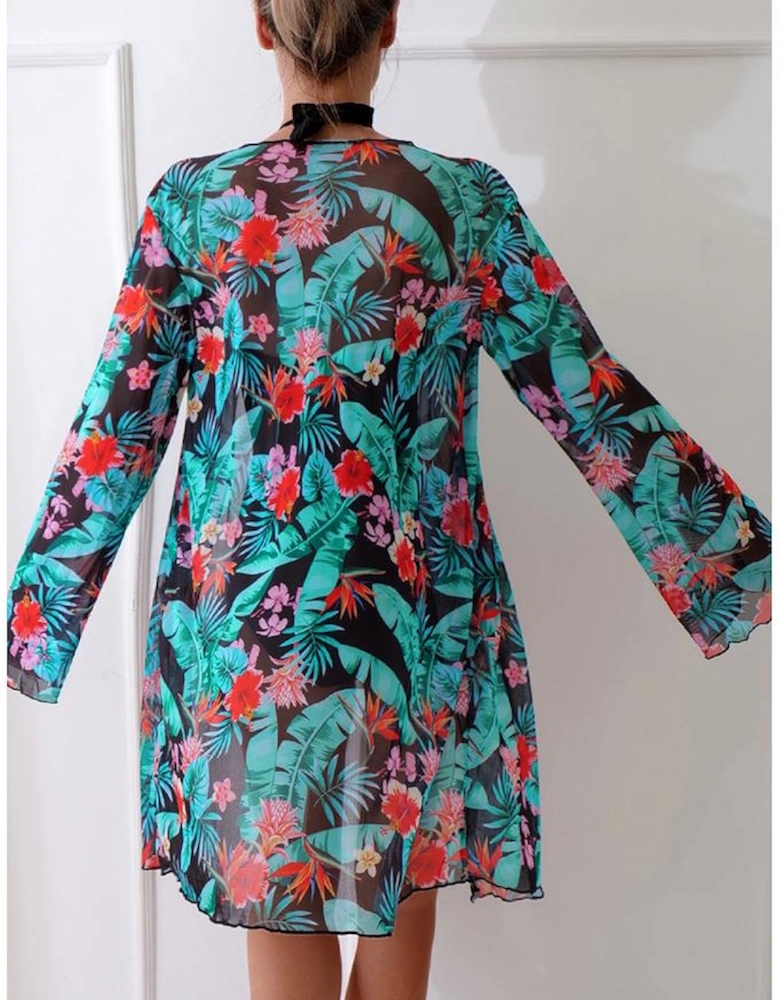 Black Halter Neck Monokini with Floral Beach Cover Up