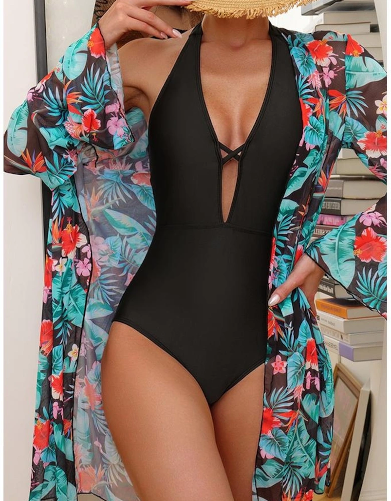 Black Halter Neck Monokini with Floral Beach Cover Up