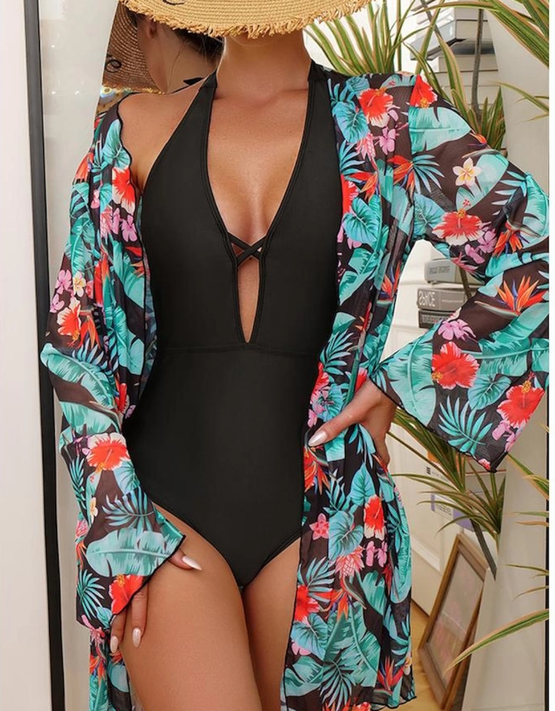 Black Halter Neck Monokini with Floral Beach Cover Up