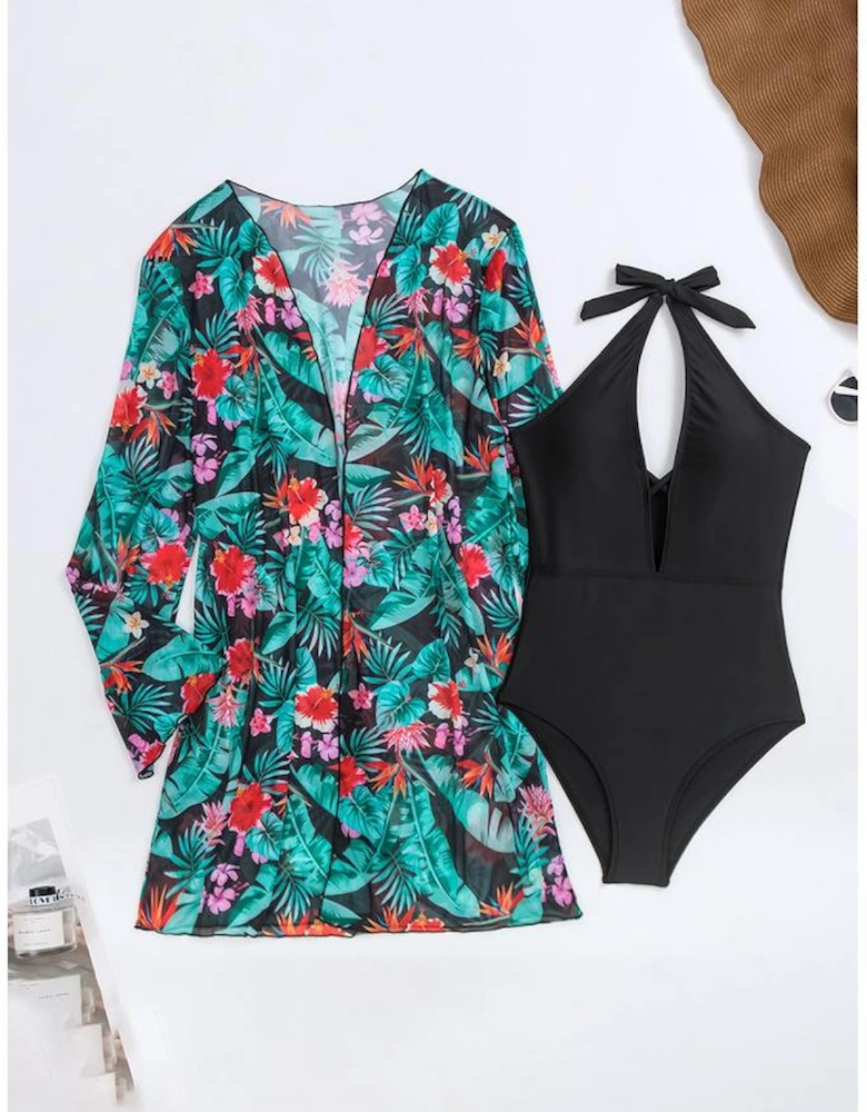 Black Halter Neck Monokini with Floral Beach Cover Up
