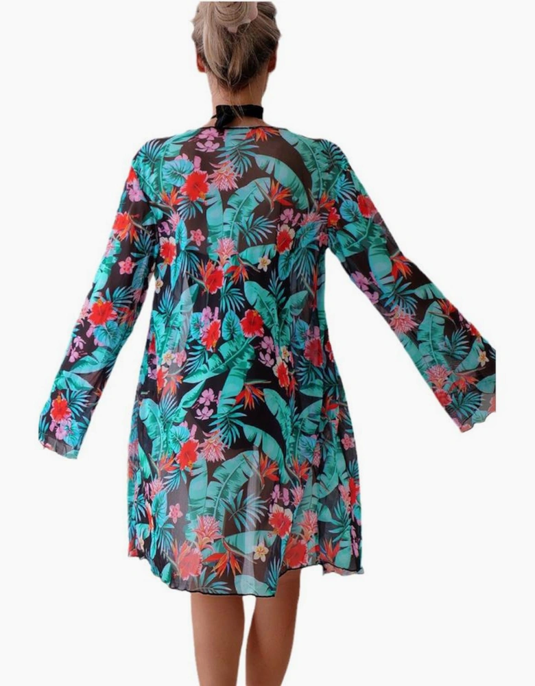 Black Halter Neck Monokini with Floral Beach Cover Up