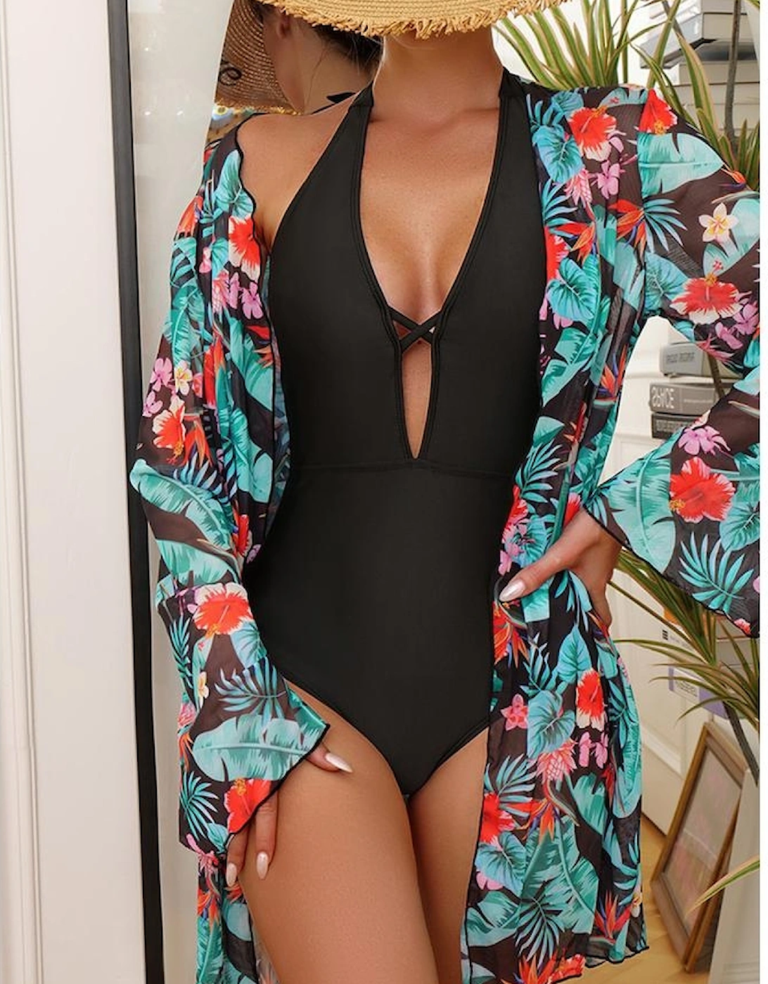 Black Halter Neck Monokini with Floral Beach Cover Up