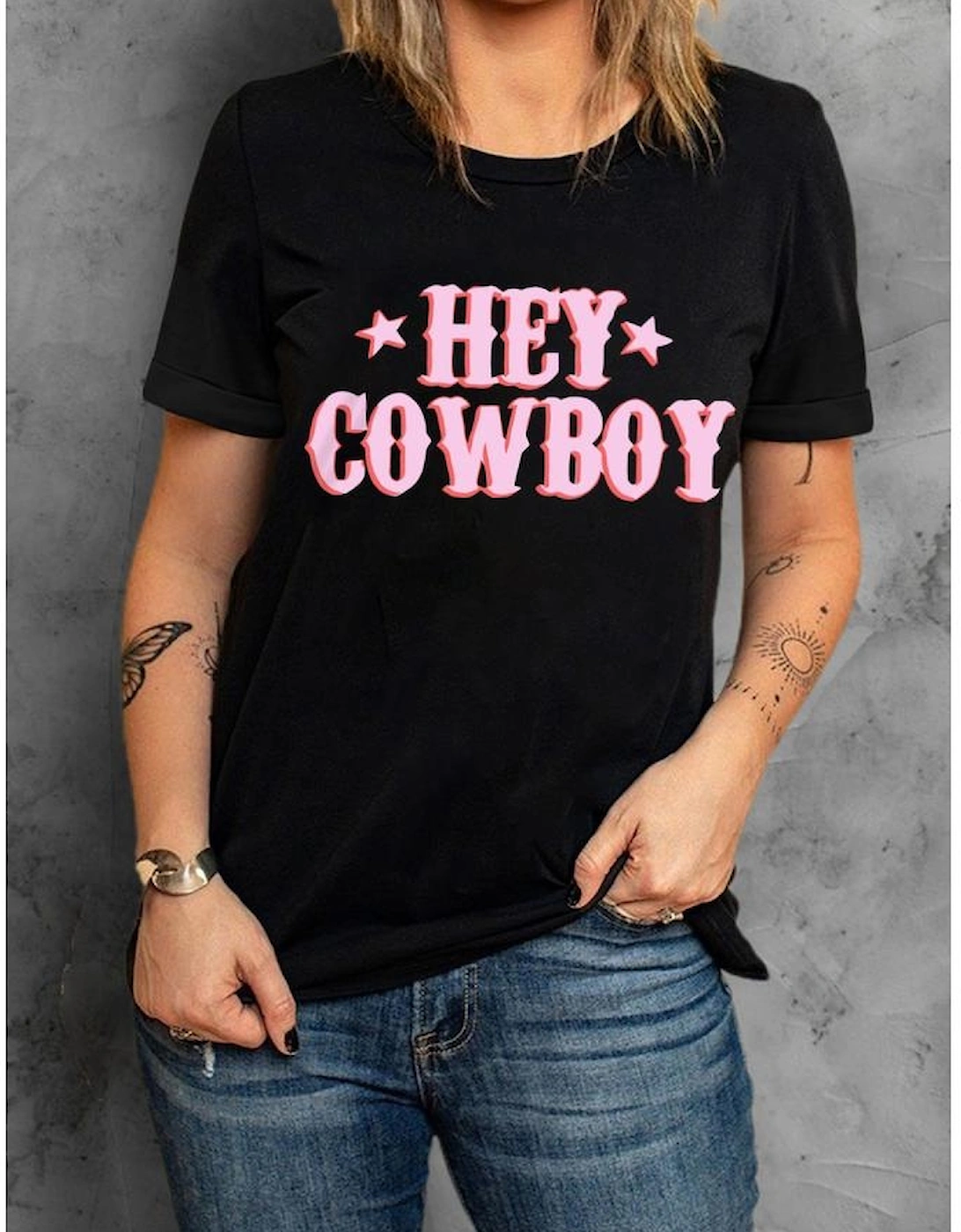 Black HEY COWBOY Graphic Crew Neck T-shirt