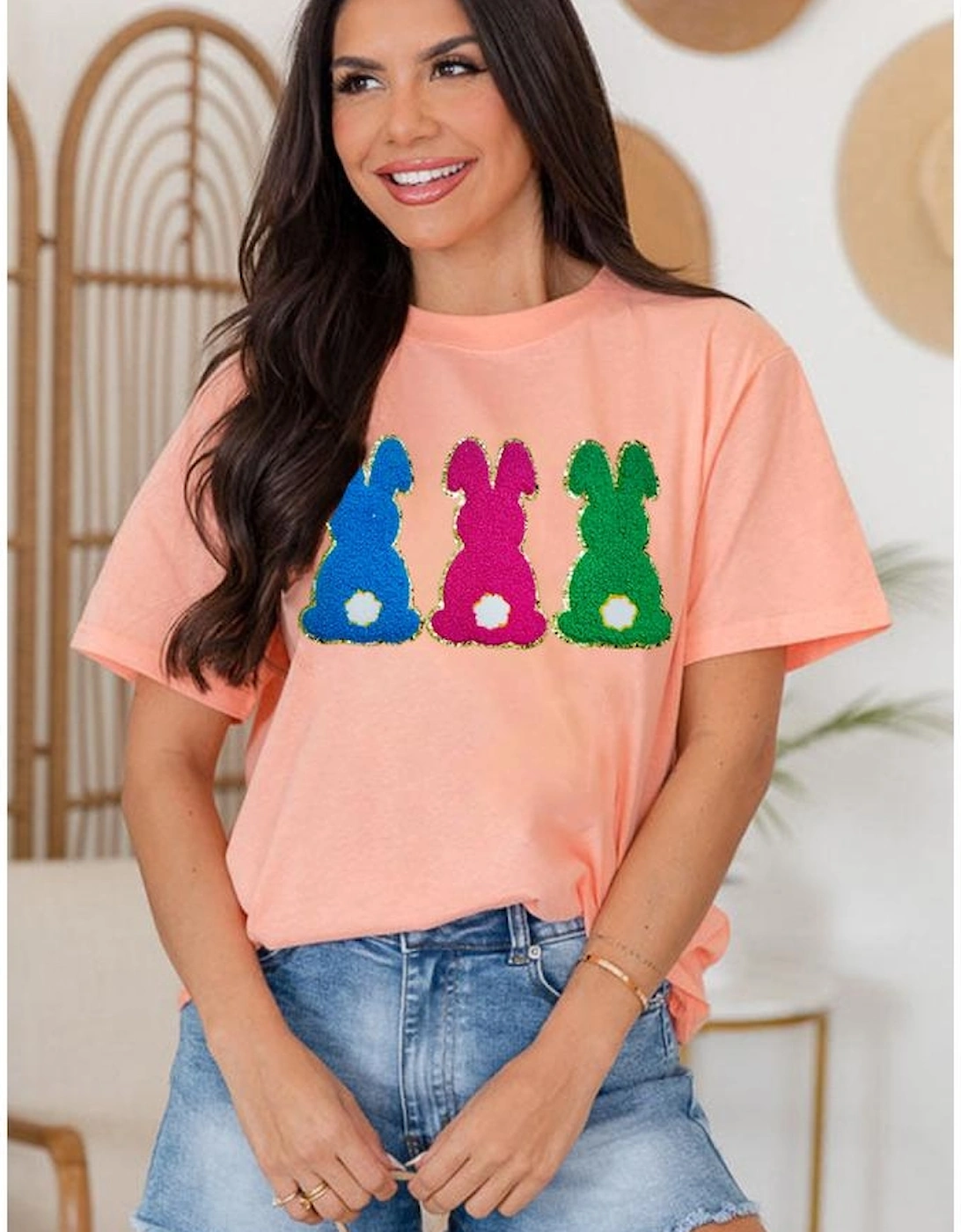 Pink Easter Bunny Chenille Patched Graphic Tee