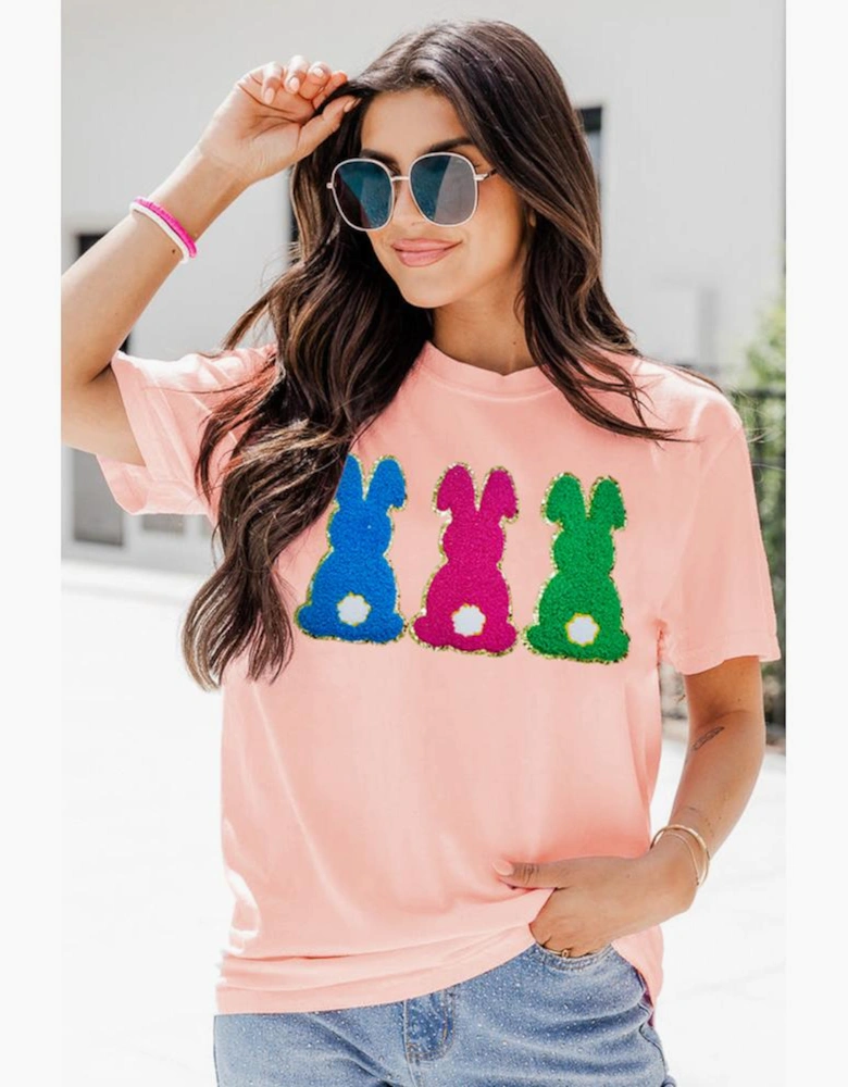 Pink Easter Bunny Chenille Patched Graphic Tee