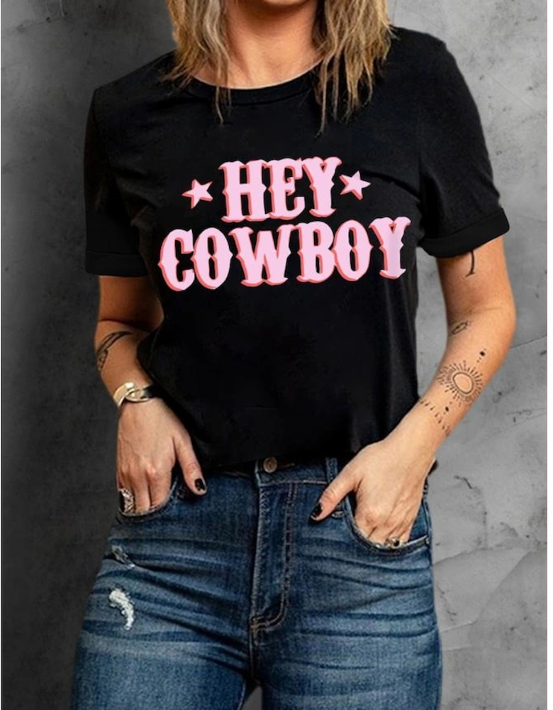Black HEY COWBOY Graphic Crew Neck T-shirt