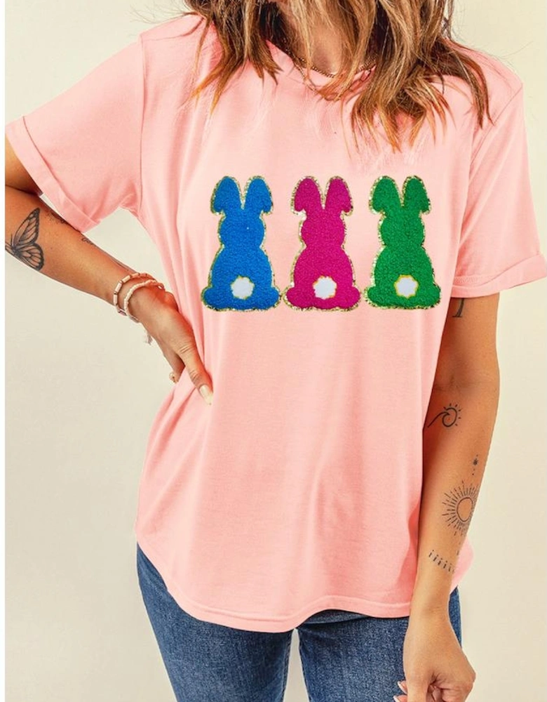 Pink Easter Bunny Chenille Patched Graphic Tee