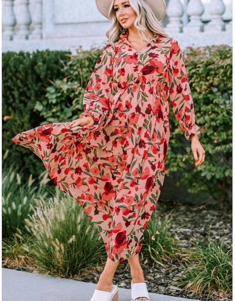 Azura Exchange Frilled Collar Long Sleeve Tiered Maxi Floral Dress