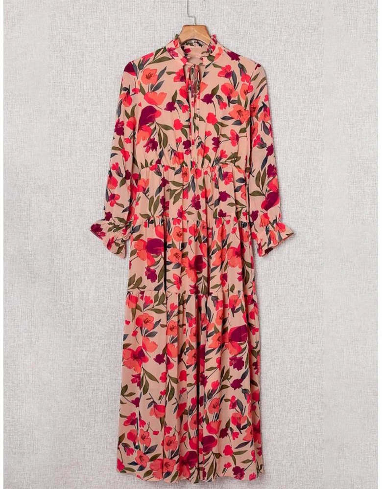 Azura Exchange Frilled Collar Long Sleeve Tiered Maxi Floral Dress