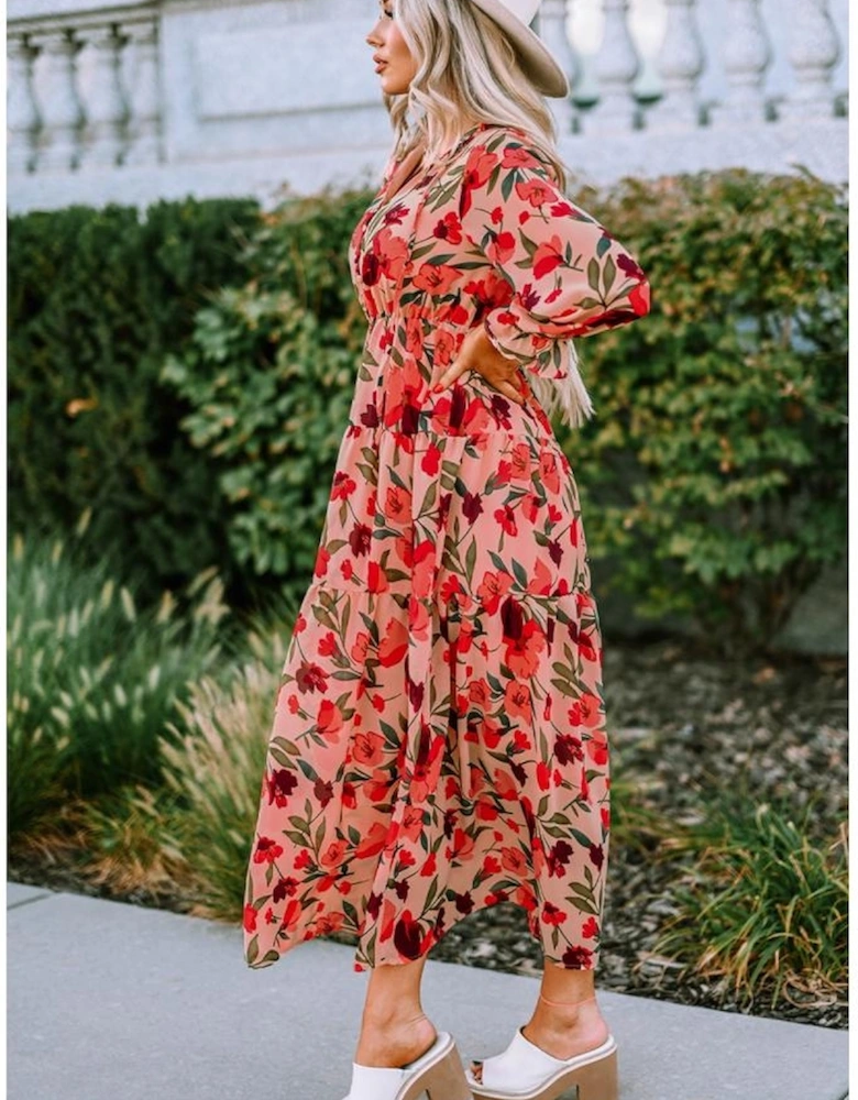 Azura Exchange Frilled Collar Long Sleeve Tiered Maxi Floral Dress