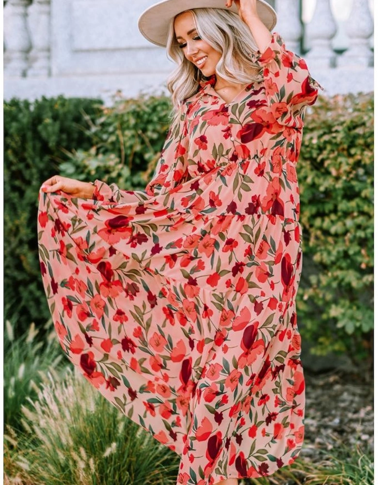 Azura Exchange Frilled Collar Long Sleeve Tiered Maxi Floral Dress