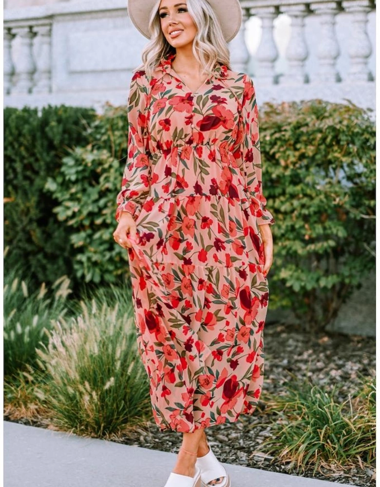 Azura Exchange Frilled Collar Long Sleeve Tiered Maxi Floral Dress