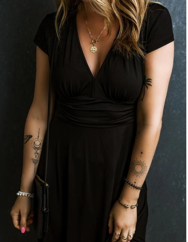 Black Short Sleeve Shirred High Waist V Neck Maxi Dress