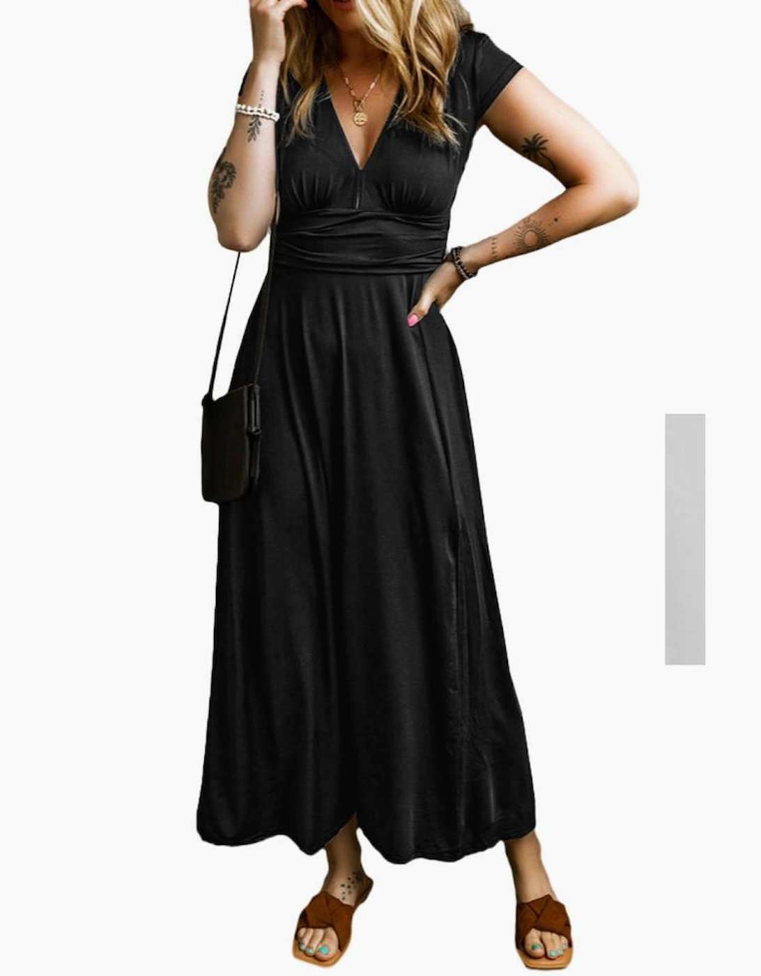 Black Short Sleeve Shirred High Waist V Neck Maxi Dress, 9 of 8