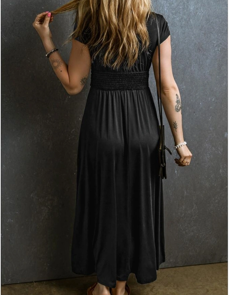 Black Short Sleeve Shirred High Waist V Neck Maxi Dress