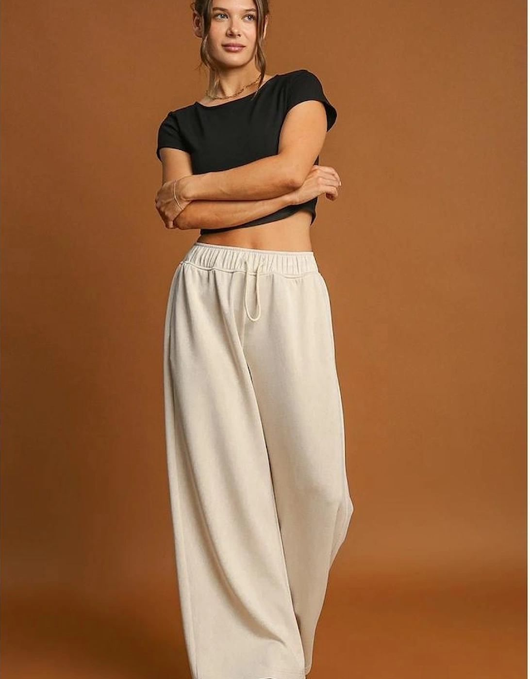 Apricot Loop Drawstring Casual Wide Leg Pants