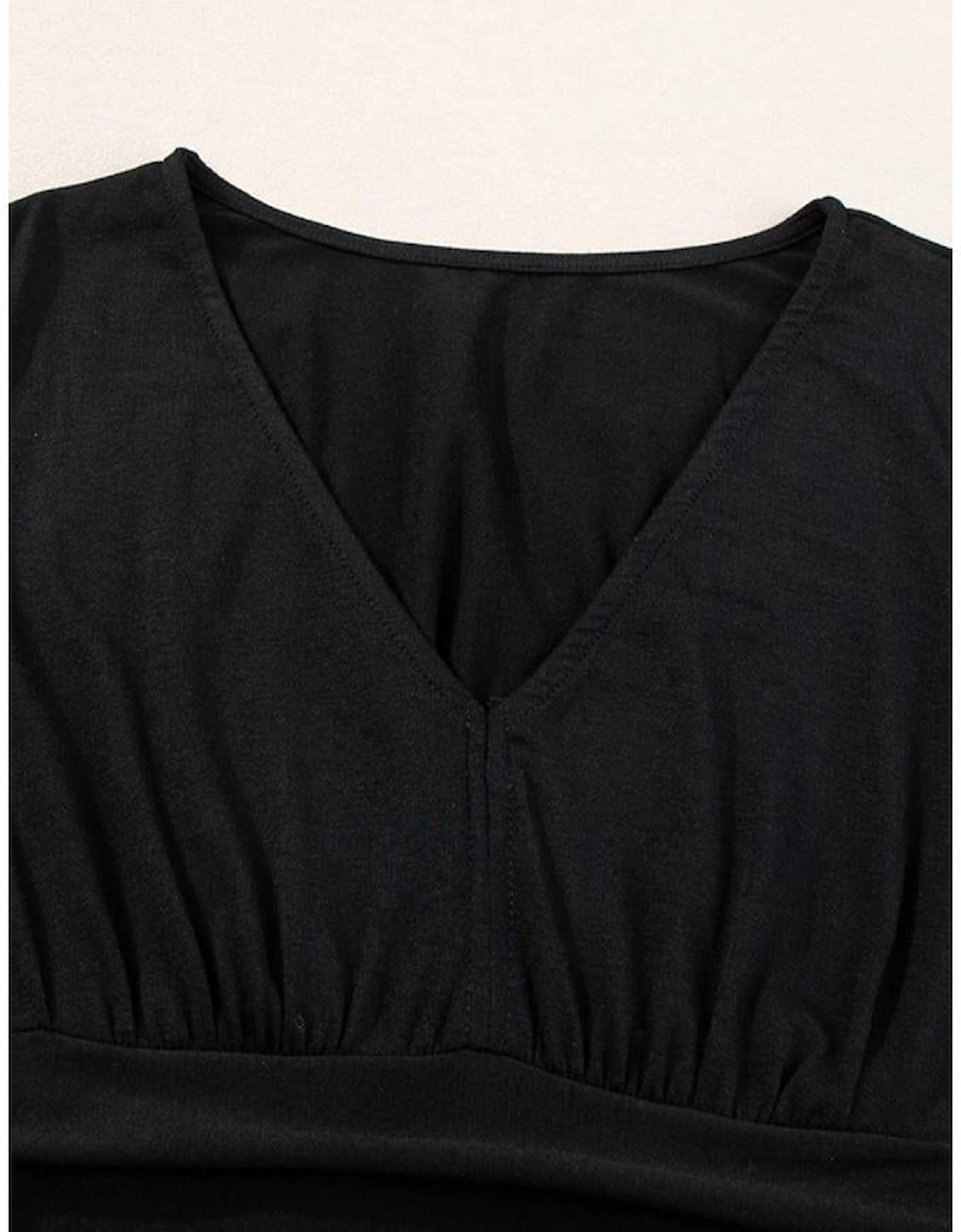 Black Short Sleeve Shirred High Waist V Neck Maxi Dress