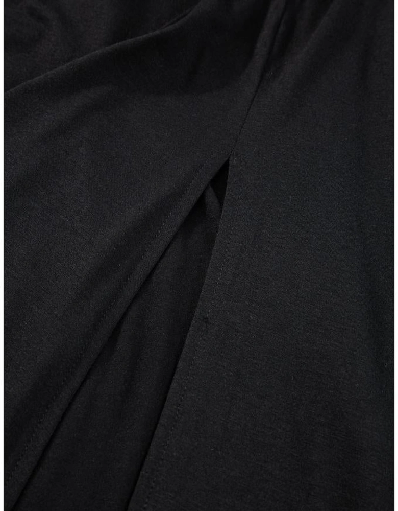 Black Short Sleeve Shirred High Waist V Neck Maxi Dress