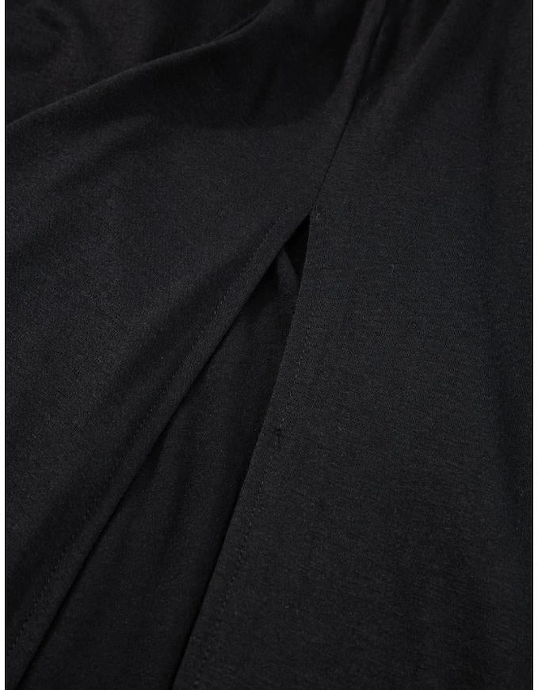 Black Short Sleeve Shirred High Waist V Neck Maxi Dress