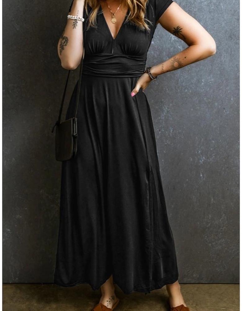 Black Short Sleeve Shirred High Waist V Neck Maxi Dress