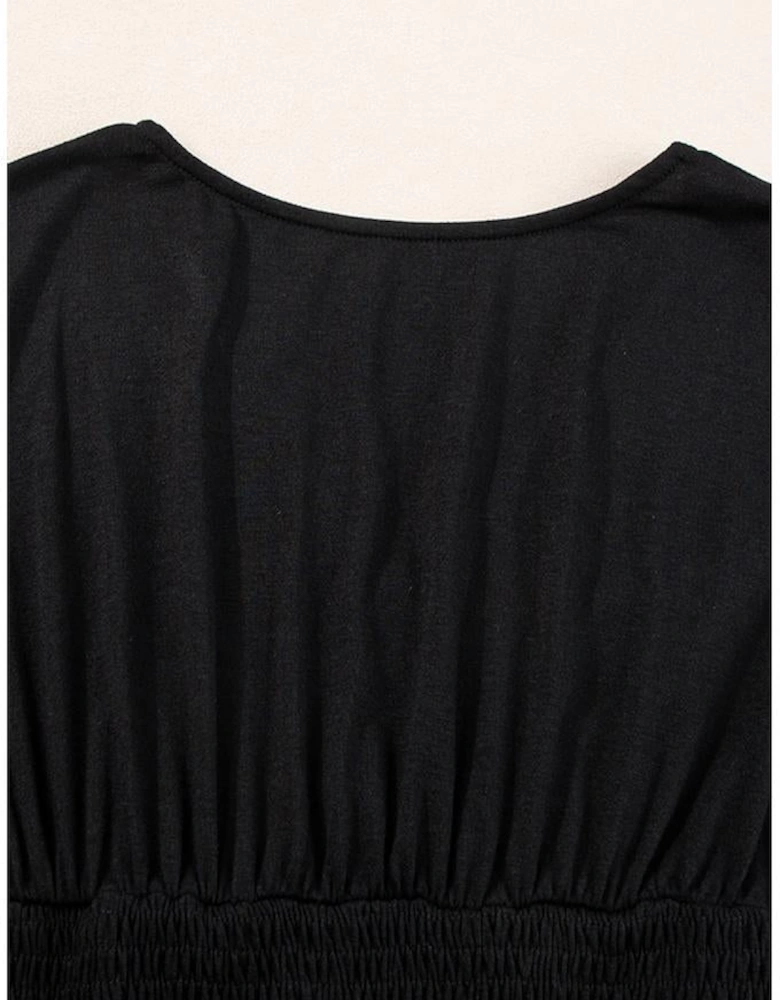 Black Short Sleeve Shirred High Waist V Neck Maxi Dress