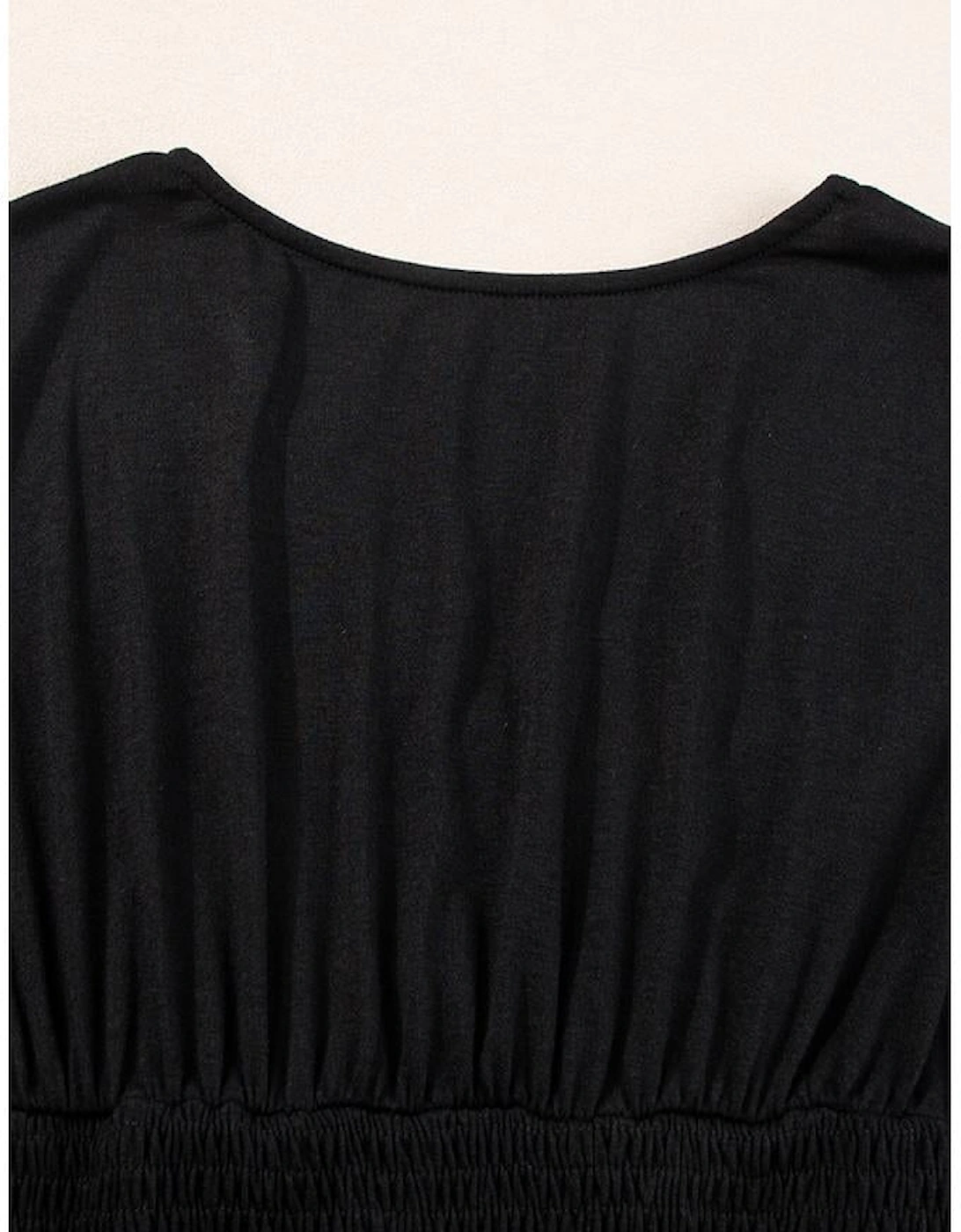 Black Short Sleeve Shirred High Waist V Neck Maxi Dress