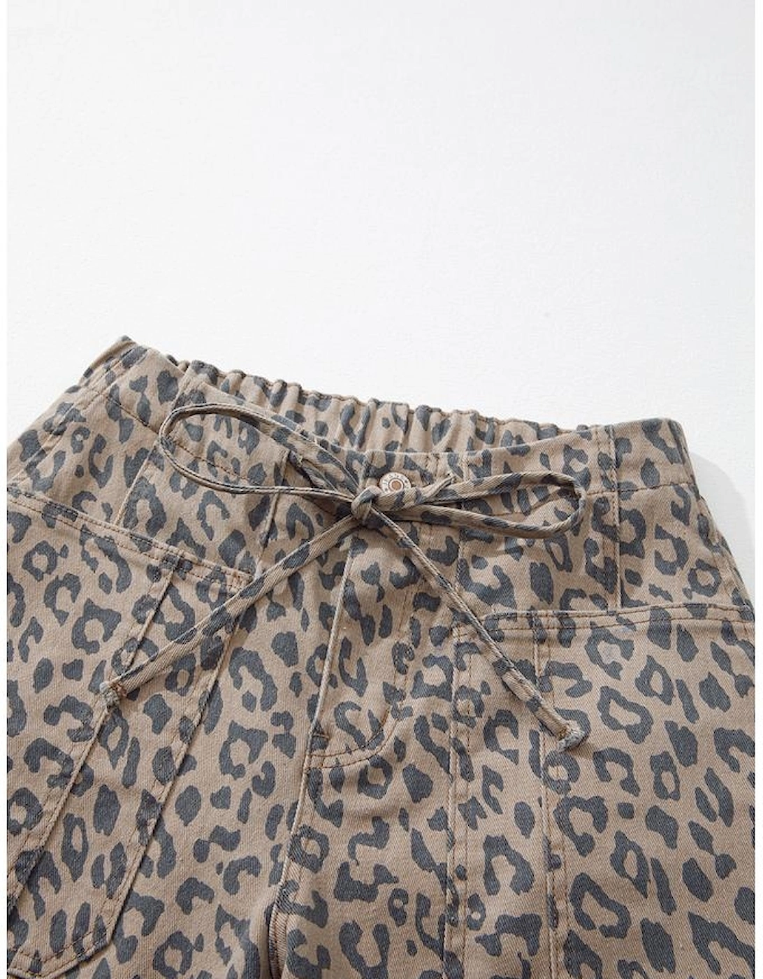Khaki Leopard Printed Drawstring Waist Pocketed Wide Leg Jeans