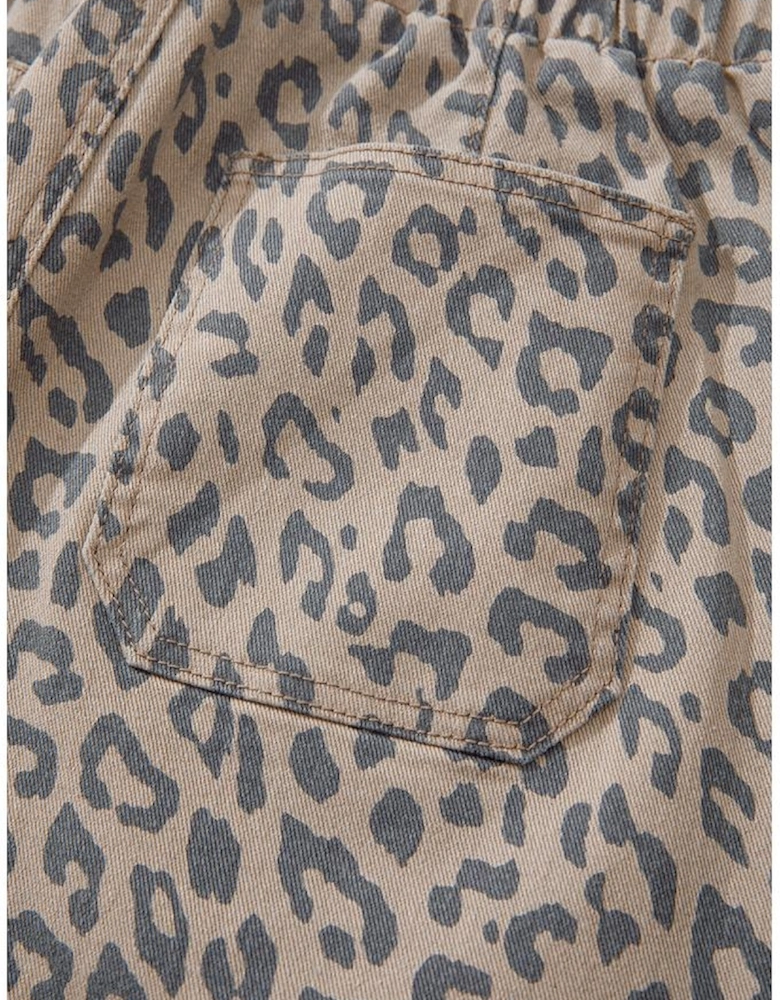 Khaki Leopard Printed Drawstring Waist Pocketed Wide Leg Jeans