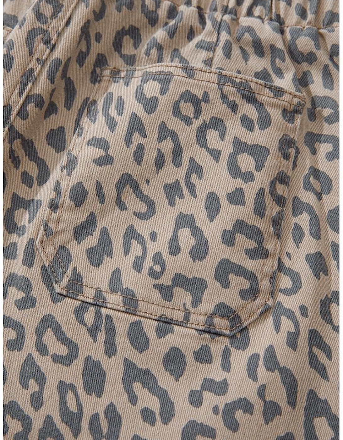 Khaki Leopard Printed Drawstring Waist Pocketed Wide Leg Jeans
