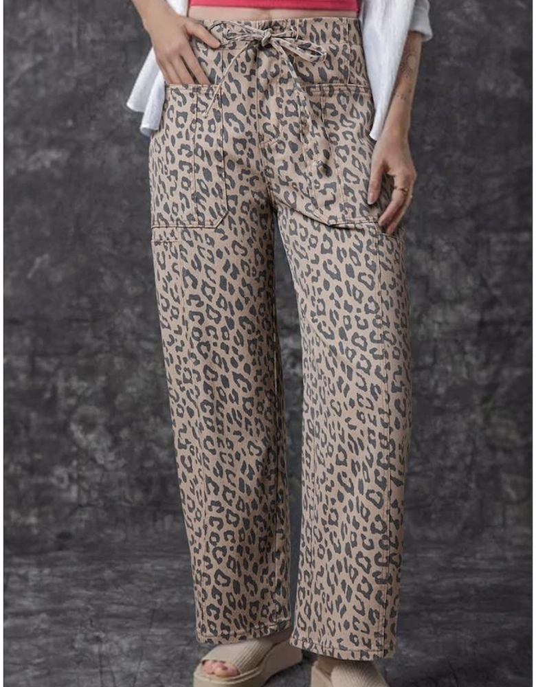 Khaki Leopard Printed Drawstring Waist Pocketed Wide Leg Jeans