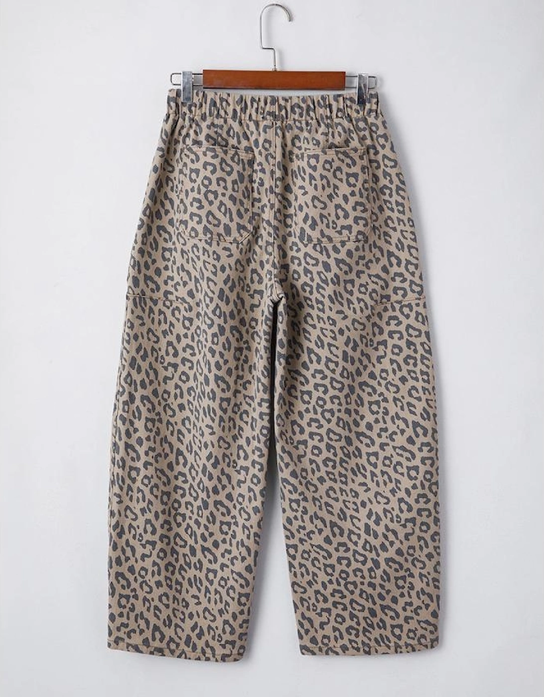 Khaki Leopard Printed Drawstring Waist Pocketed Wide Leg Jeans