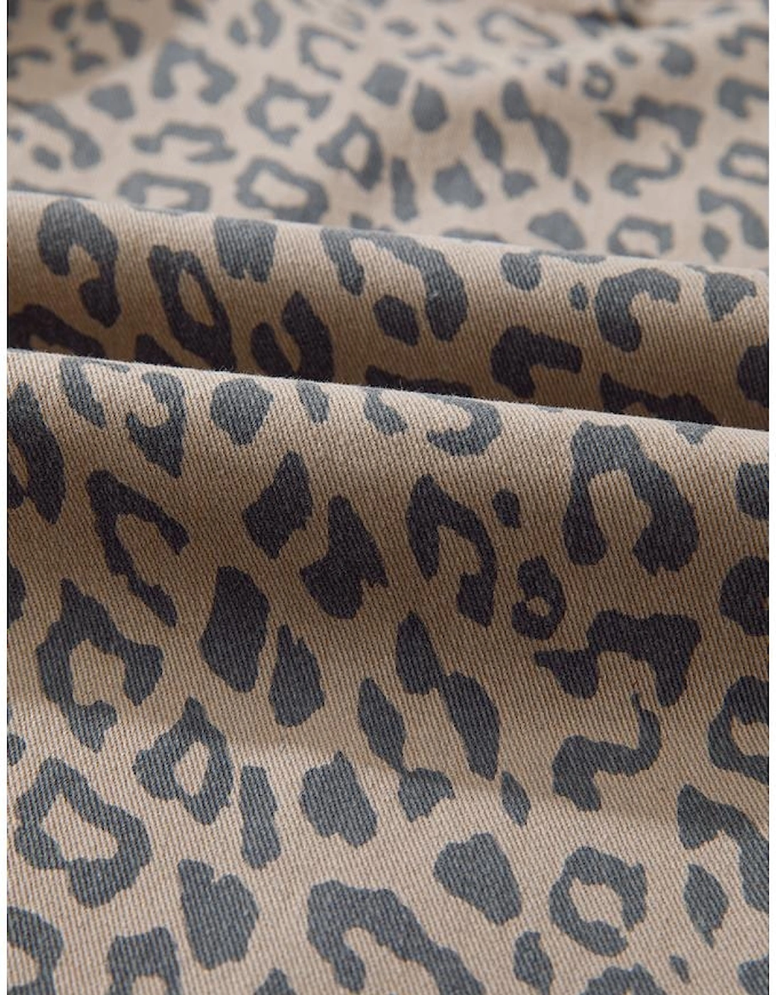 Khaki Leopard Printed Drawstring Waist Pocketed Wide Leg Jeans