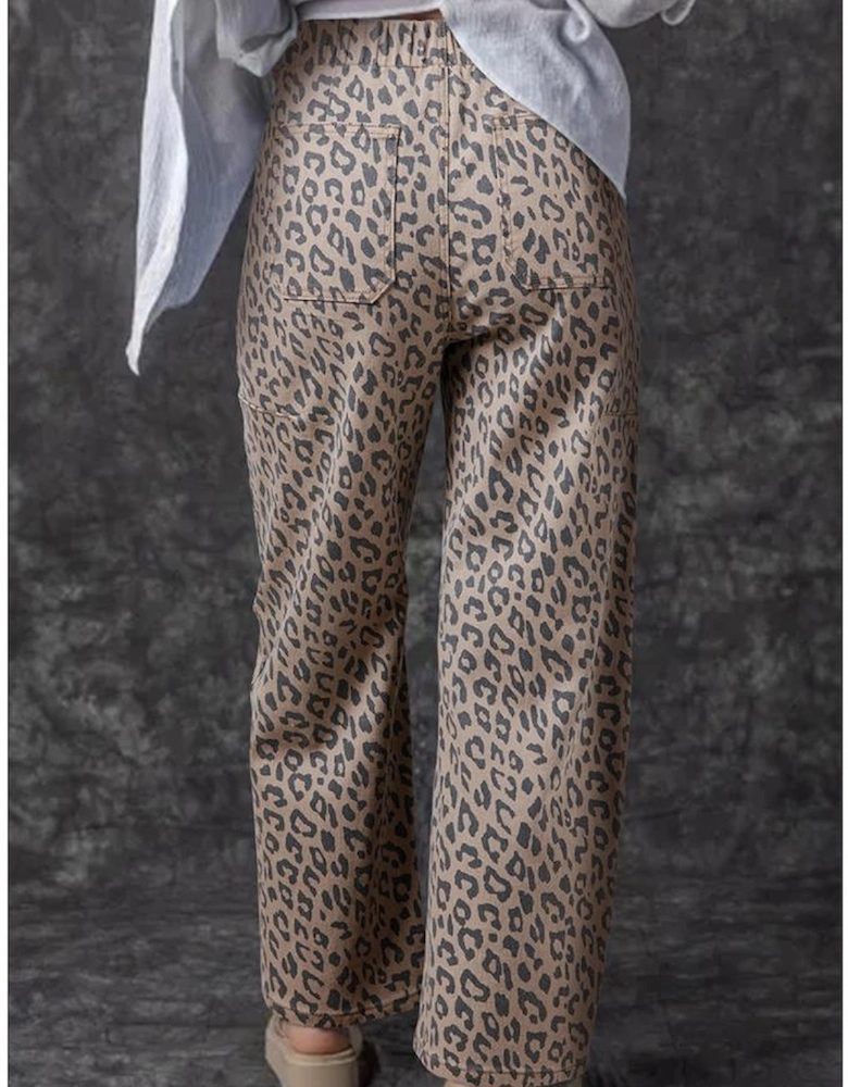 Khaki Leopard Printed Drawstring Waist Pocketed Wide Leg Jeans