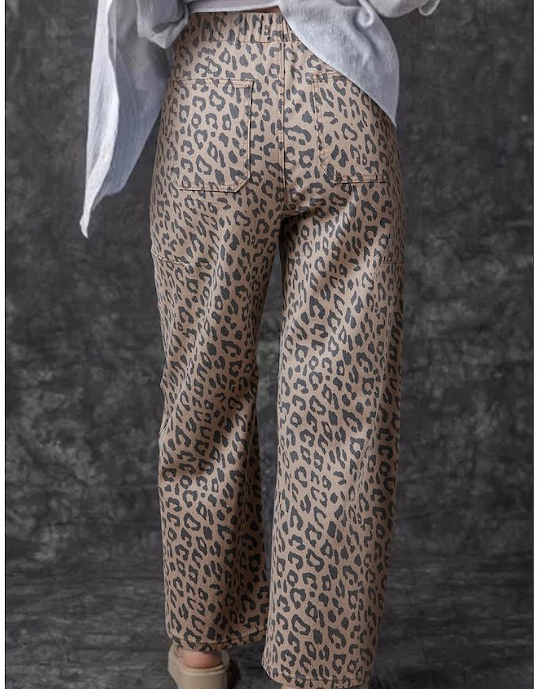 Khaki Leopard Printed Drawstring Waist Pocketed Wide Leg Jeans