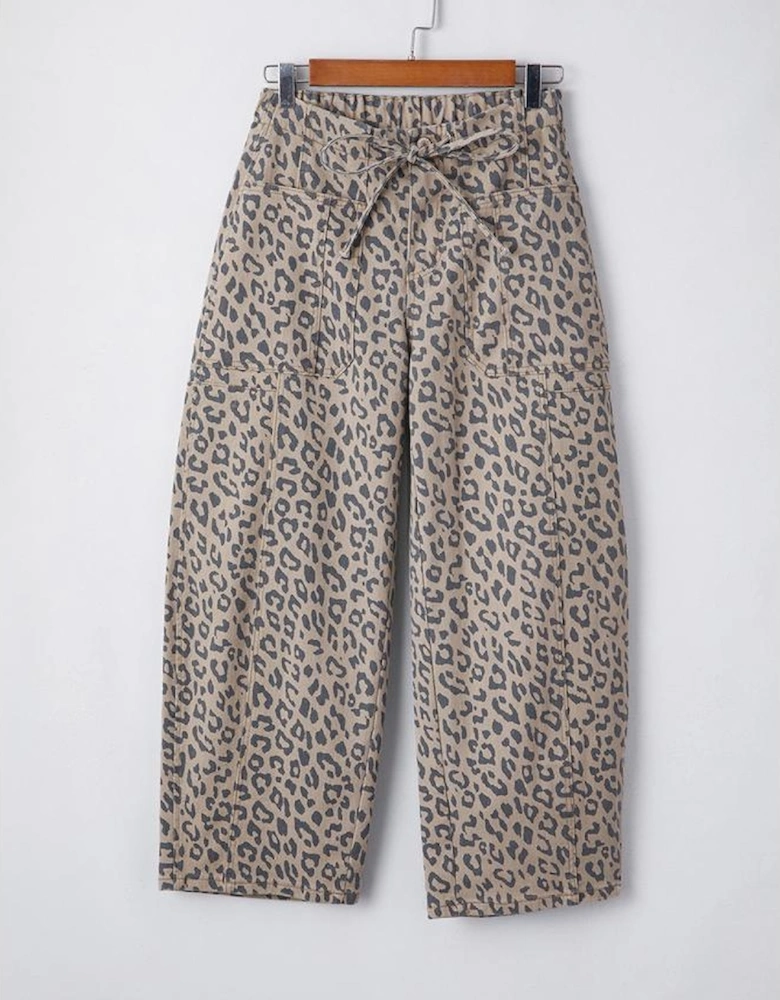 Khaki Leopard Printed Drawstring Waist Pocketed Wide Leg Jeans