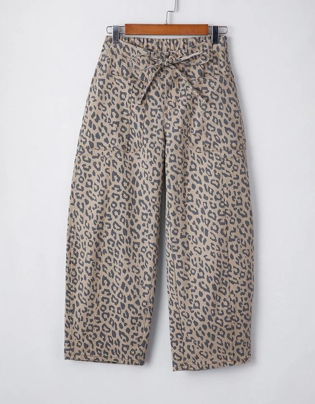 Khaki Leopard Printed Drawstring Waist Pocketed Wide Leg Jeans