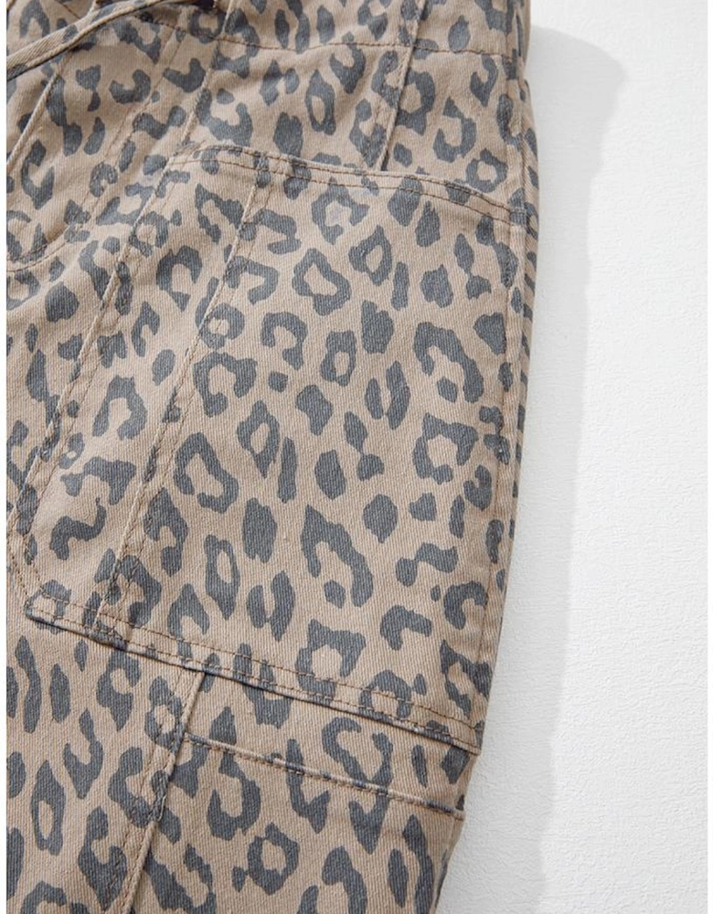 Khaki Leopard Printed Drawstring Waist Pocketed Wide Leg Jeans