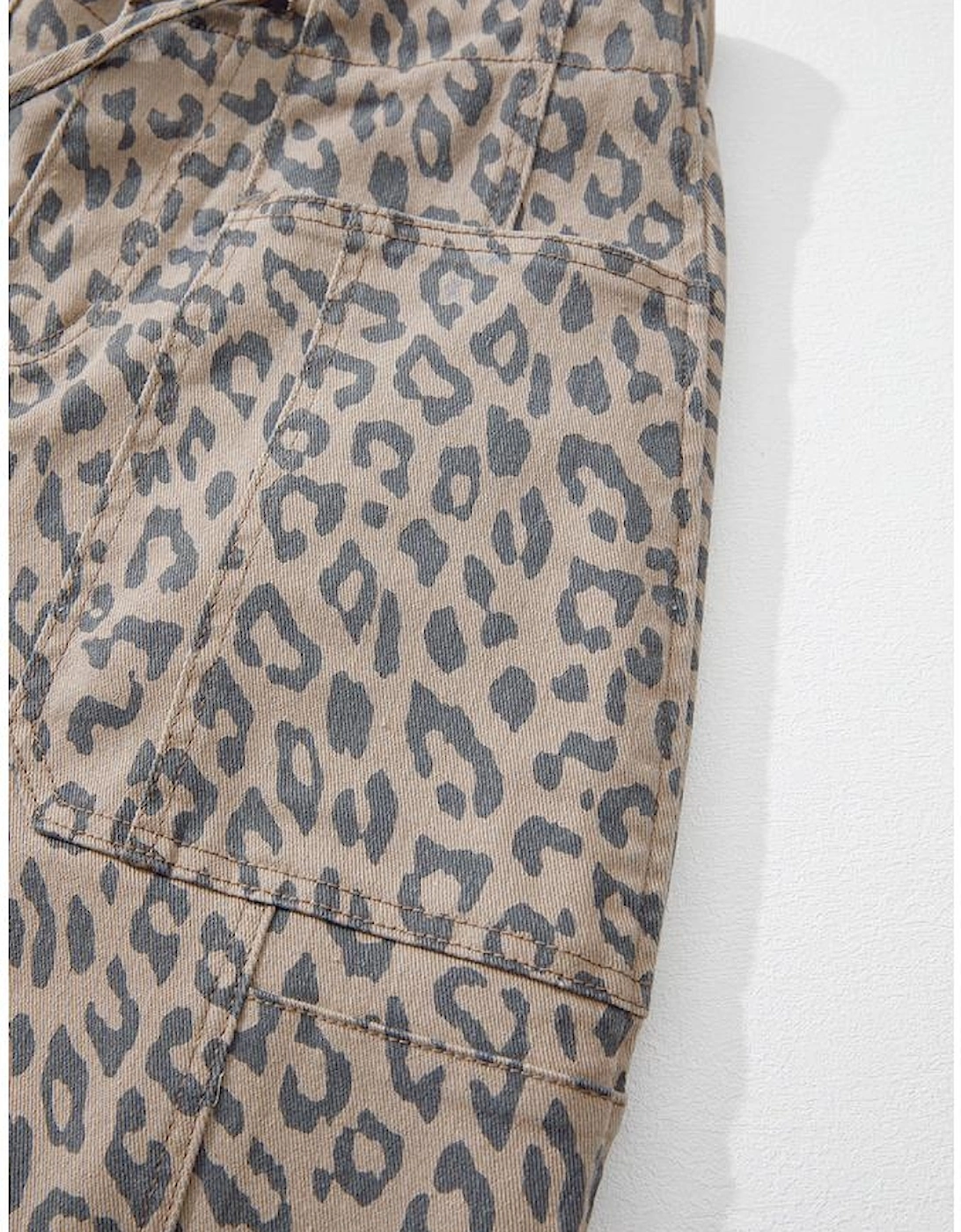 Khaki Leopard Printed Drawstring Waist Pocketed Wide Leg Jeans