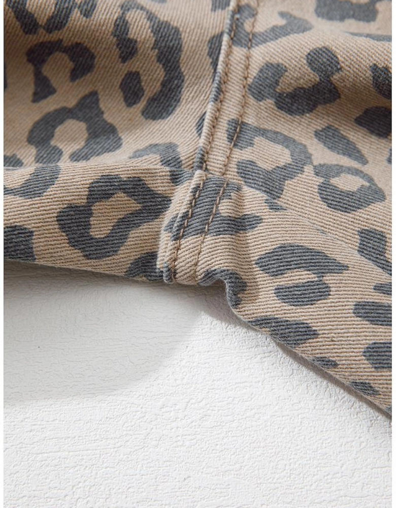 Khaki Leopard Printed Drawstring Waist Pocketed Wide Leg Jeans