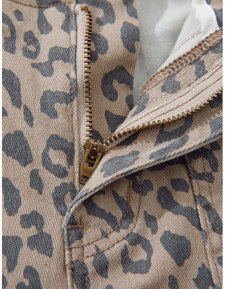 Khaki Leopard Printed Drawstring Waist Pocketed Wide Leg Jeans