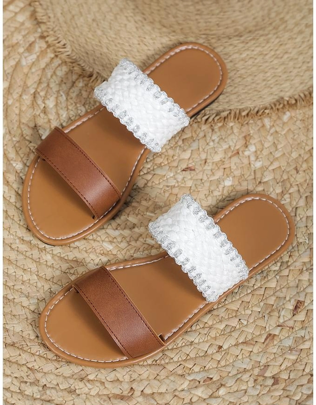 Chestnut Faux Leather Woven Strap Flat Slippers