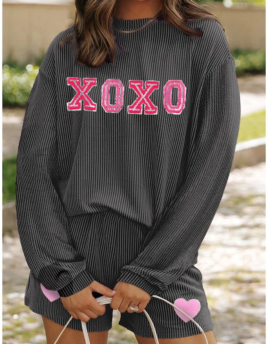 Carbon Grey XOXO Heart Patched Pattern Long Sleeve Corded Shorts Set, 5 of 4