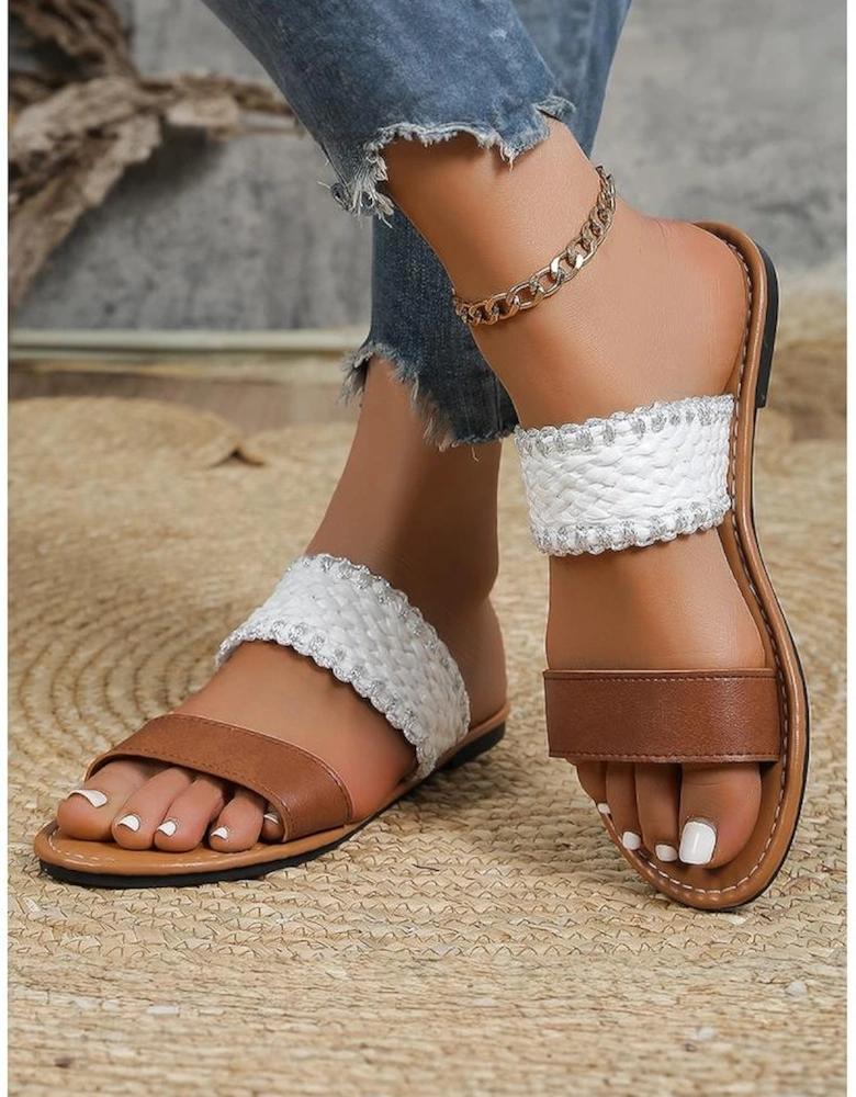 Chestnut Faux Leather Woven Strap Flat Slippers