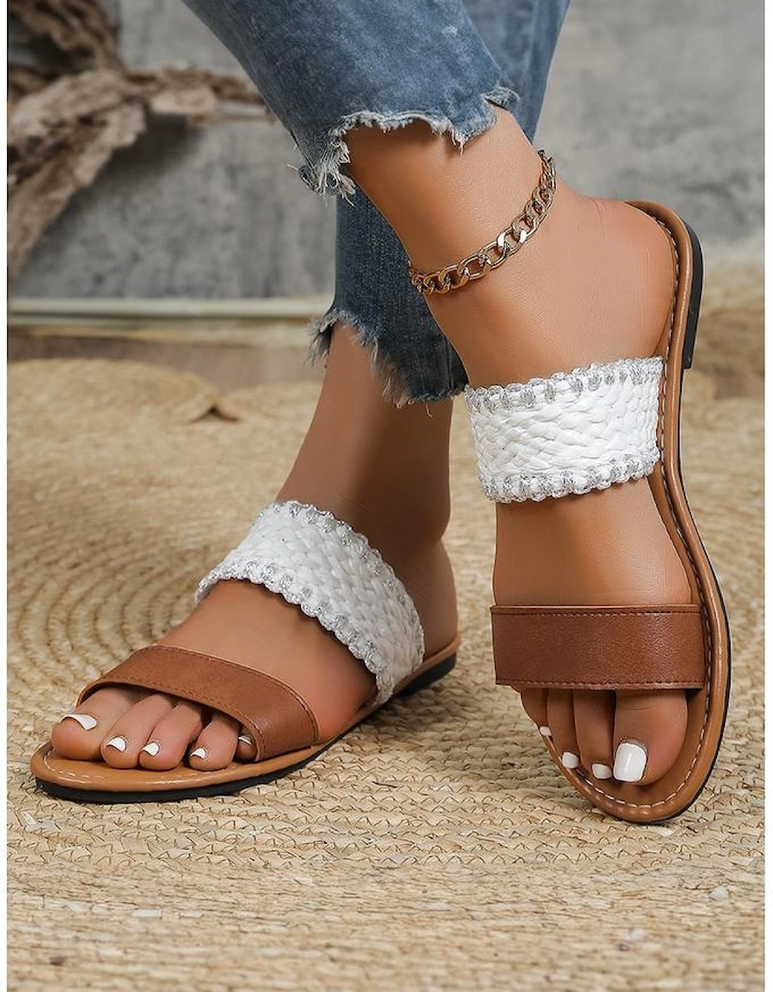 Chestnut Faux Leather Woven Strap Flat Slippers