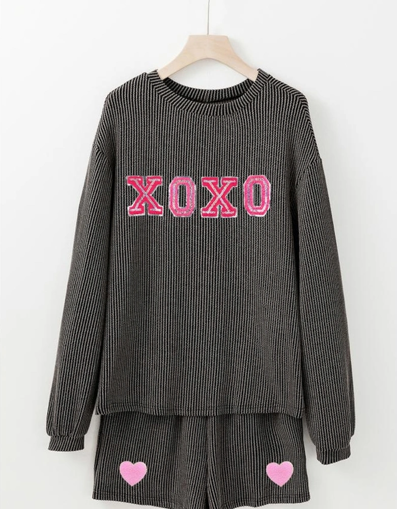 Carbon Grey XOXO Heart Patched Pattern Long Sleeve Corded Shorts Set