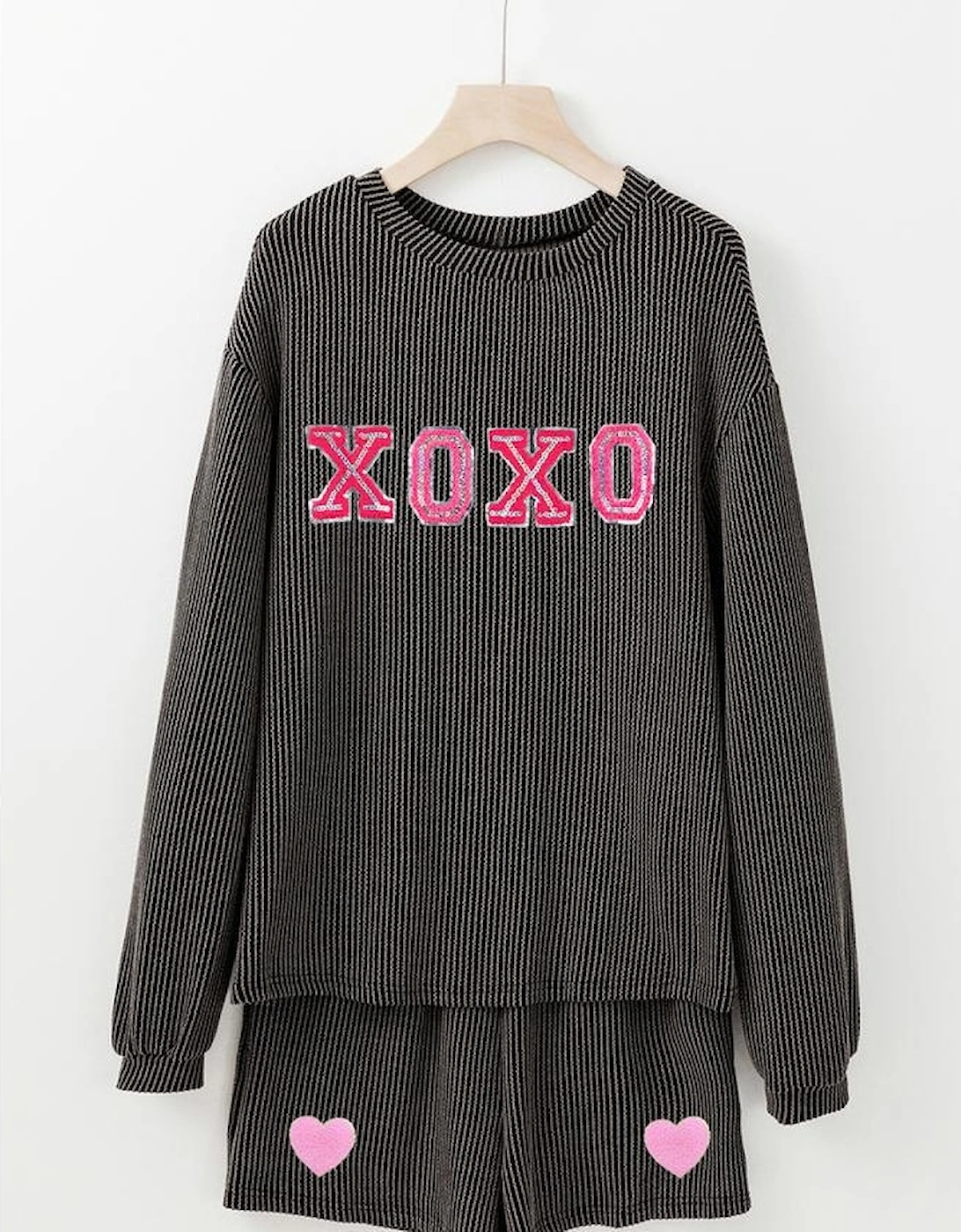 Carbon Grey XOXO Heart Patched Pattern Long Sleeve Corded Shorts Set